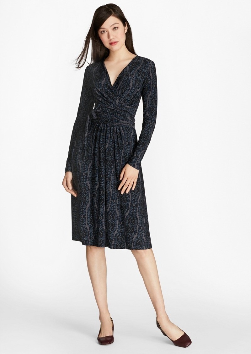 jersey faux wrap dress NWT Brooks Brothers Scroll-print Crepe Faux-wrap Dress, Size XS 3pl-us
