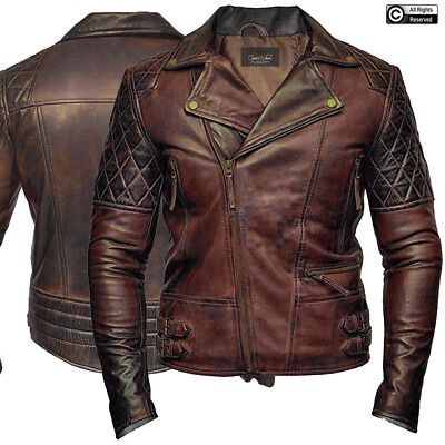 Klassische Herren Cafe Racer Biker Motorrad Stil Used Echt Leder Jacke 