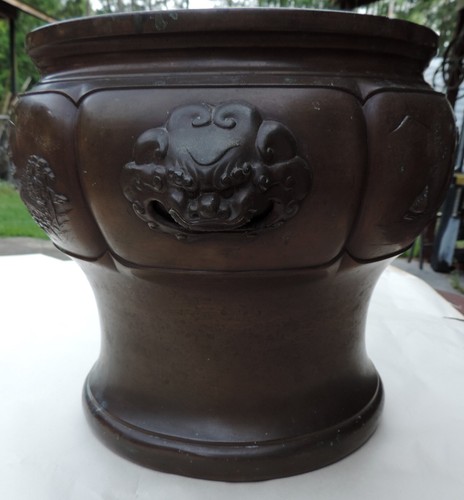 Antike Bronze Japan Dorfszene Foo Hund gehandhabt Gärtner, Pflanzgefäß Wassertopf - Bild 2 von 18