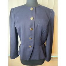 Vintage 1980s Sassoon Navy Blue Puff Sleeve Peplum Fitted Blazer Jacket Size 12