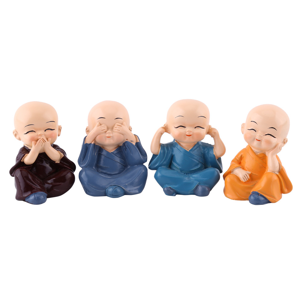 °Resin Crafts Ornament Four Little Buddha Monks Figurine Automotive Home