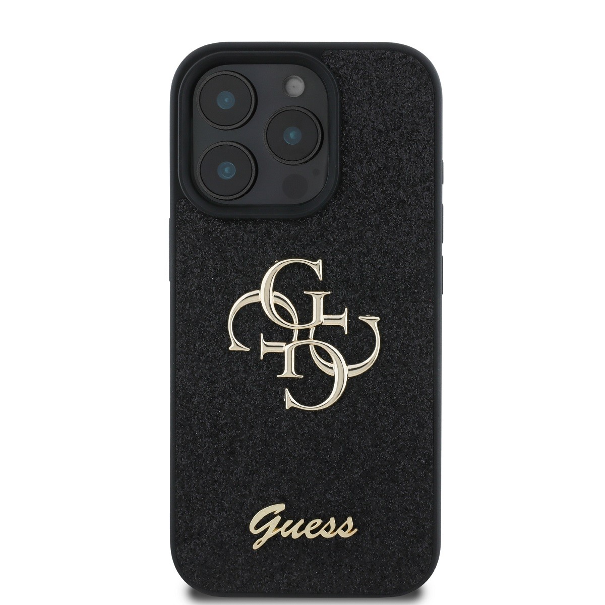 Coque iPhone 16 Pro Max Guess à paillettes argentées et logo en métal