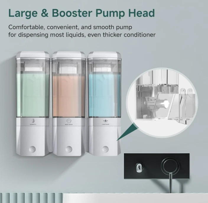 Dispensador 3 cámaras sin taladro 500 ml para champú, gel y acondicionador,Nuevo Foto 3 de 4