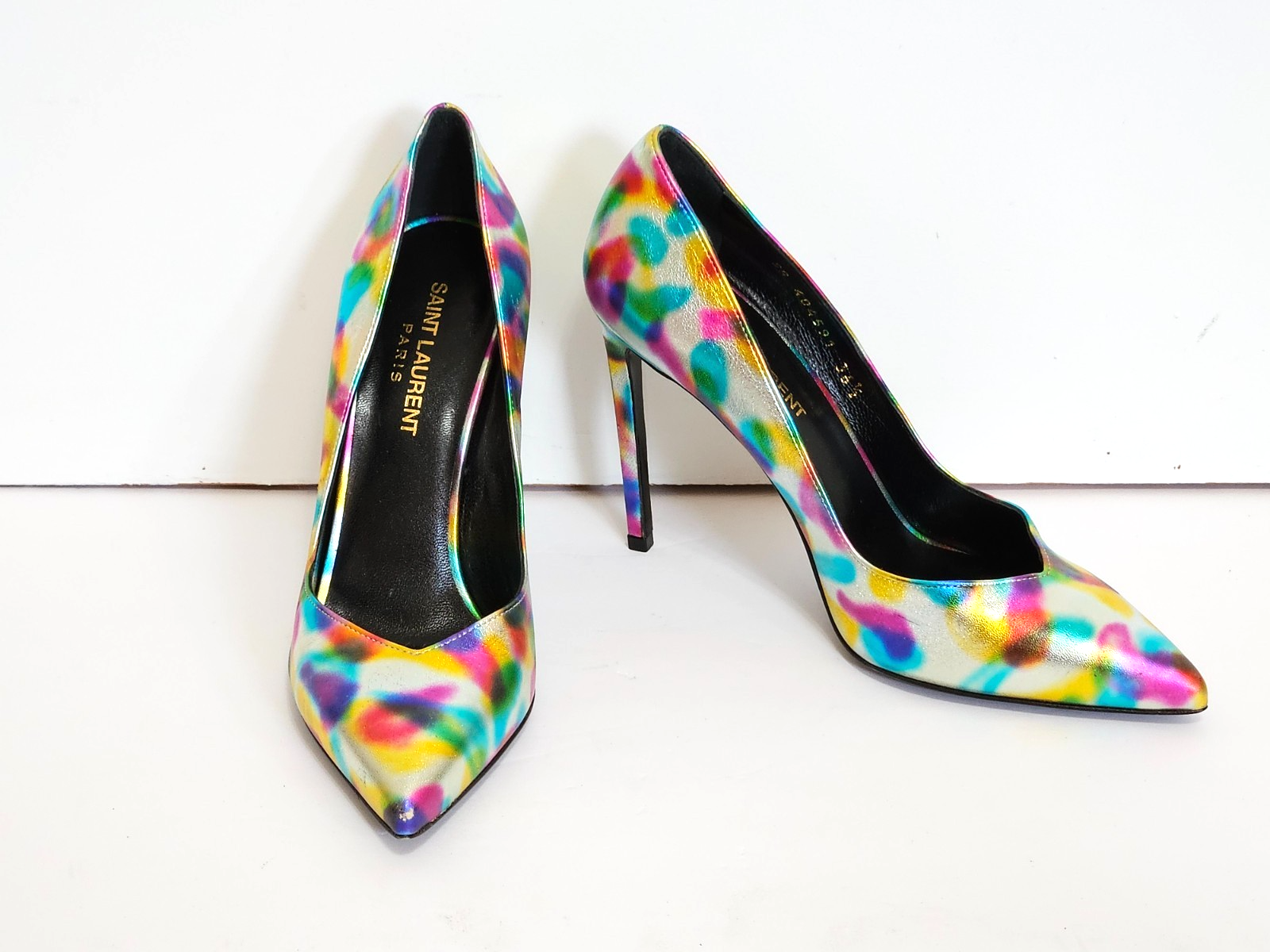 Scarpe decolte con tacco YSL Saint Laurent Paris argento metallizzato in pelle EU 36 5