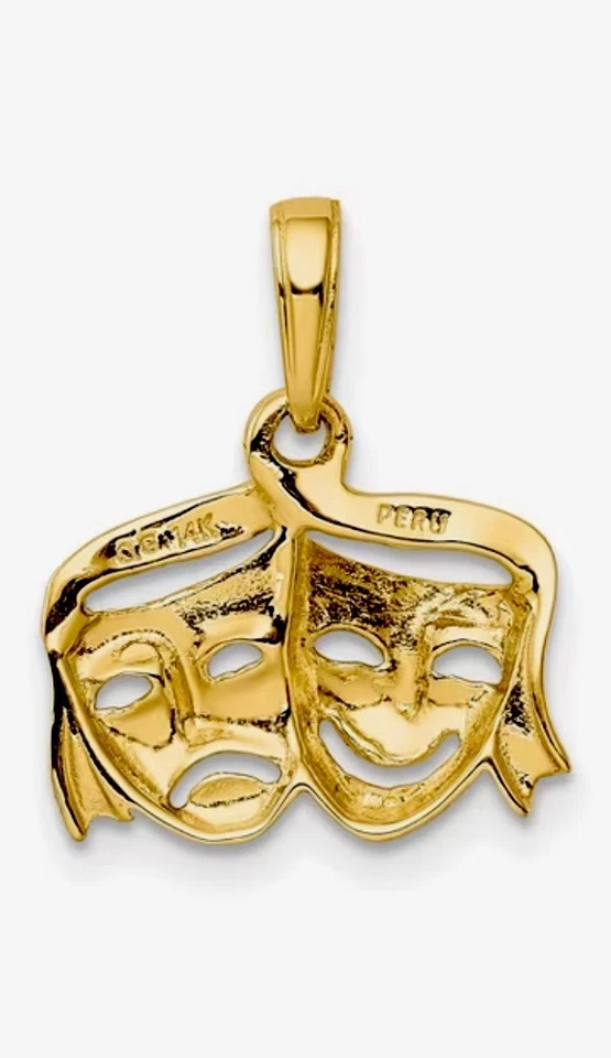 Nuevo Colgante Oro Amarillo 14K Pulido Respaldo Abierto Comedia Tragedia Drama Foto 2 de 4