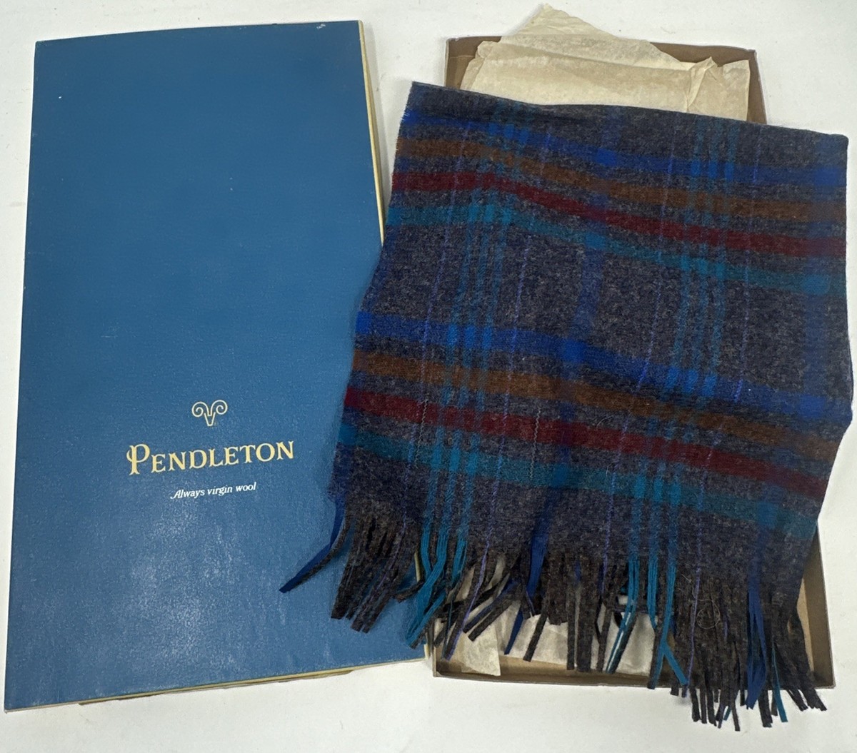 Vintage Pendleton Plaid Virgin Wool Scarf 47x12 NIB with tags Made