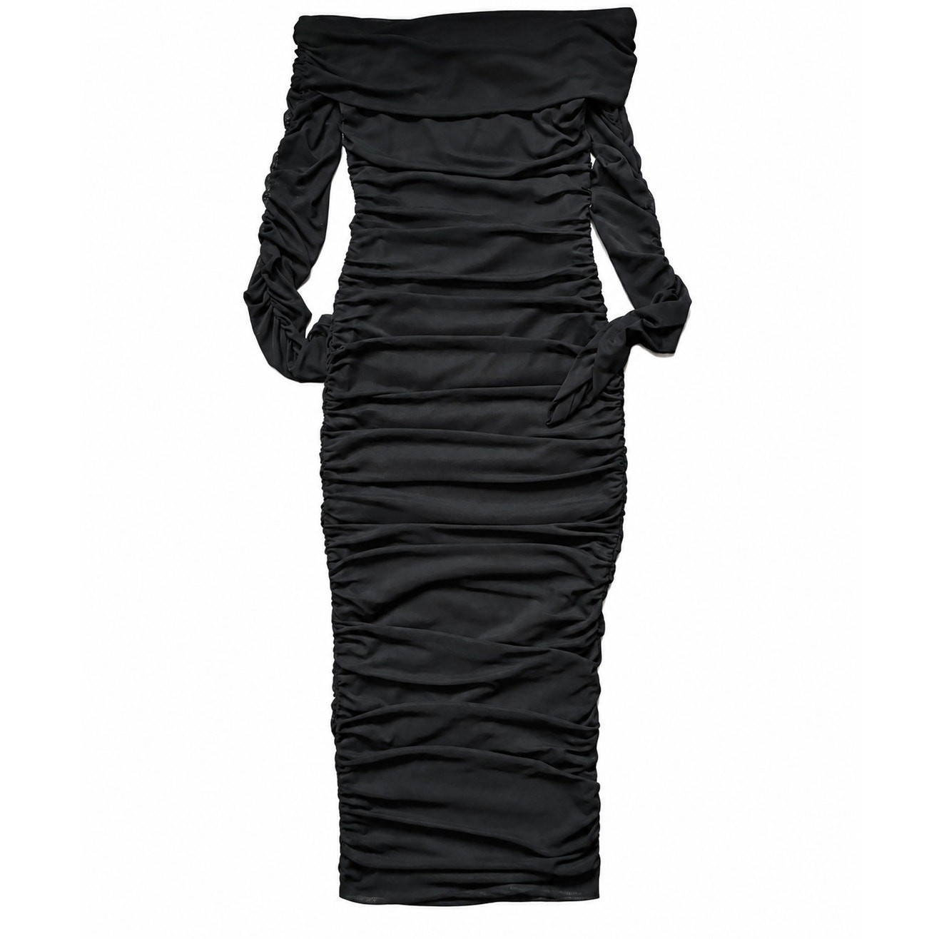 Black Off Shoulder Ruched Bodycon Dress Long Mesh Sleeves Size S