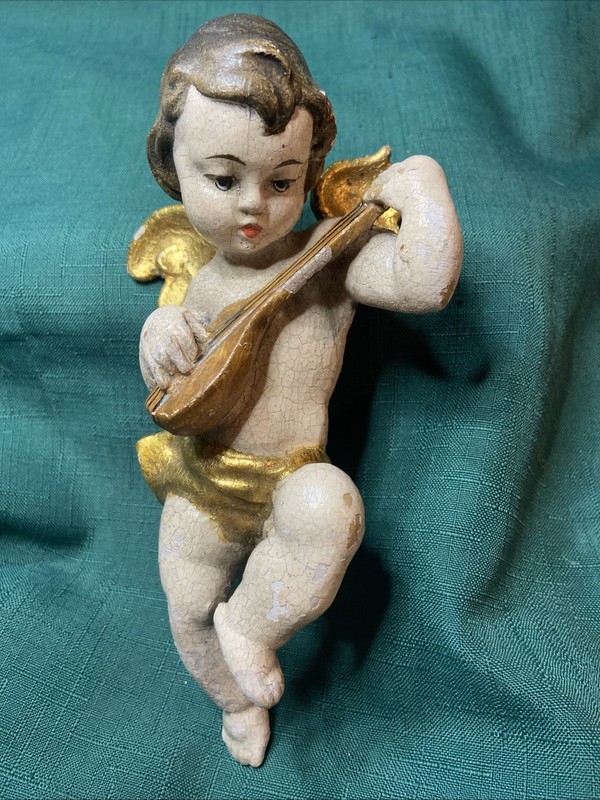 Antique Hand Carved Wood Angel Putti Cherub 19th Century Wall Hanging Figure