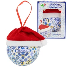 Portuguese Azulejo Christmas Ornament with Santa Hat – Blue & White Tile Design