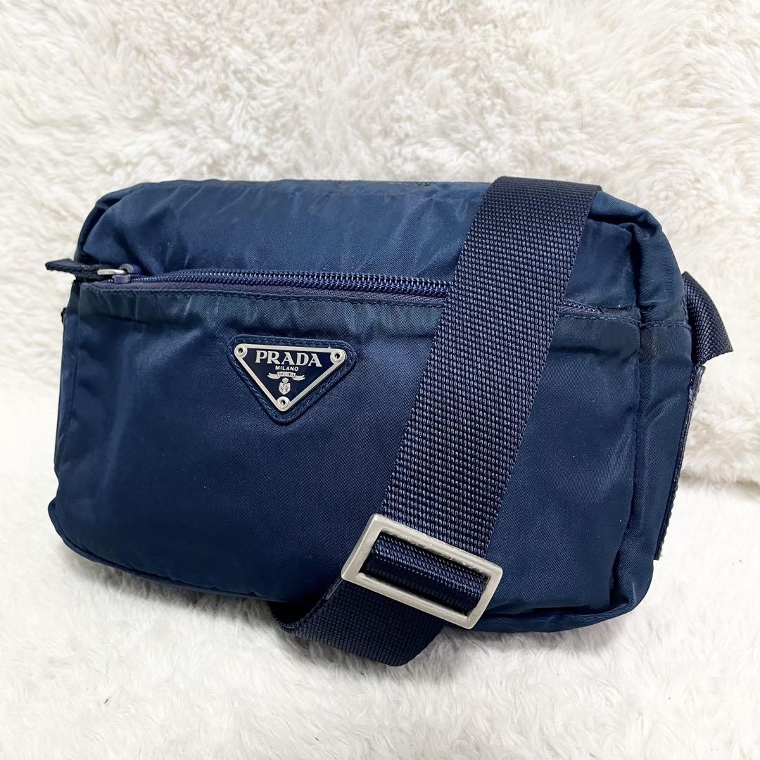 Prada Mini Camera Shoulder Bag Blue Triangle Logo Large Capacity