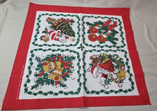 Vintage Christmas Santa Bells Holly Red Border Bandana Scarf Made in USA 22x21.5