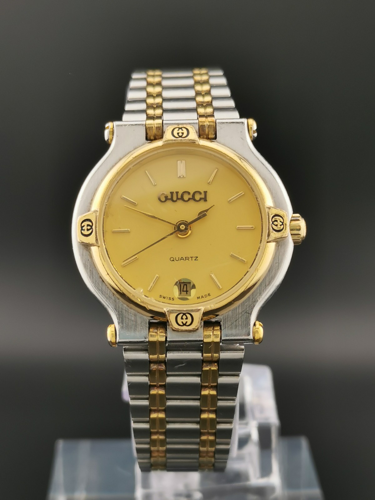 Near MINT GUCCI 9000L Gold Dial 25mm Date Quartz Women's Watch From JAPAN