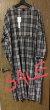 New Beige Navy Checkered Long One Piece Dress Cotton Linen Size Unique Sale
