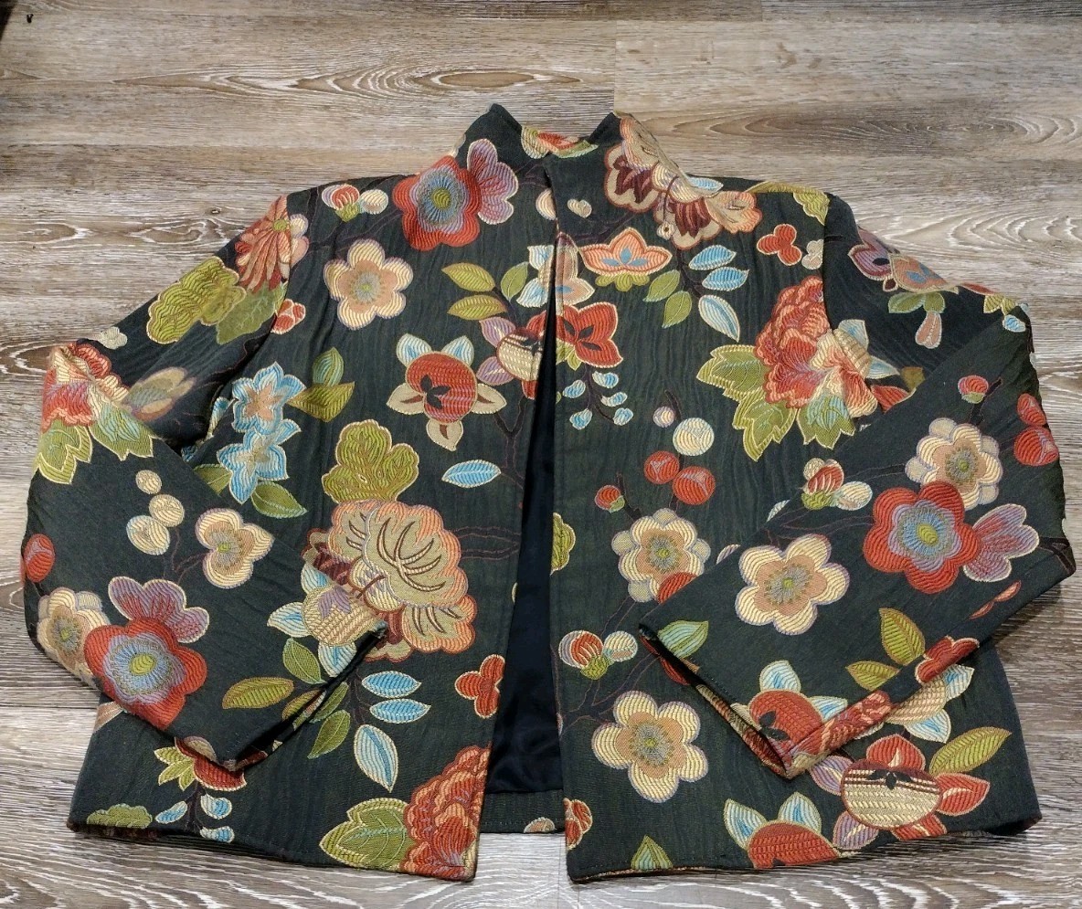 Giacca arazzo floreale pony dipinta vintage taglia grande blazer aperto foderato made in USA