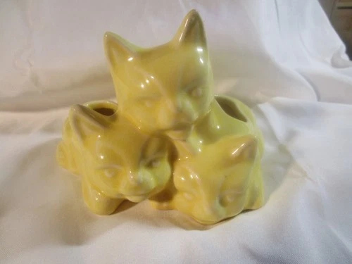 Vintage Morton McCoy Yellow Triple 3 Cat Kitten Trio  Succulent Planter 5 1/2"
