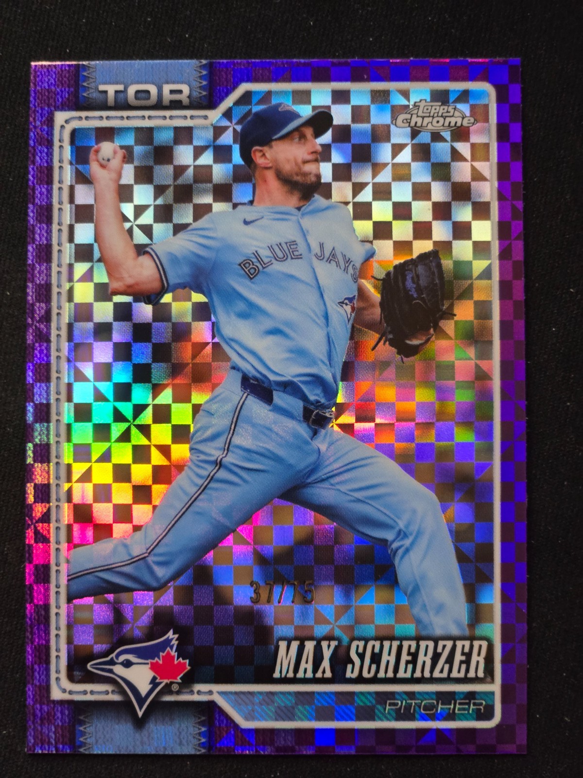 2026 Topps Chrome #148 Max Scherzer Purple X-Fractor /75 - Blue Jays