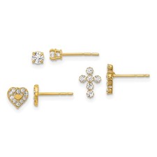 14k Yellow Gold CZ Stud Earrings Set for Women Heart Cross Solitaire Faith