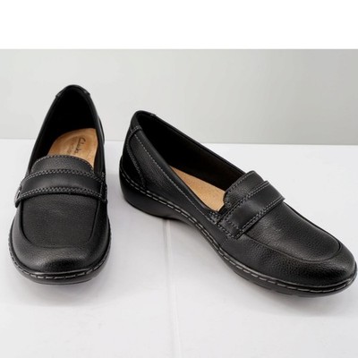 Clarks Cora Daisy Black Tumbled Leather Comfort Loafers Slip On Flats 8M