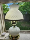 Vintage Hobnail Milk Glass Lamp Brass Trim Hurricane Glass - Works!