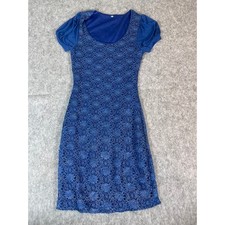 Lace Overlay Floral Summer Mini Dress Womens Size Small Blue Short Sleeve Boho