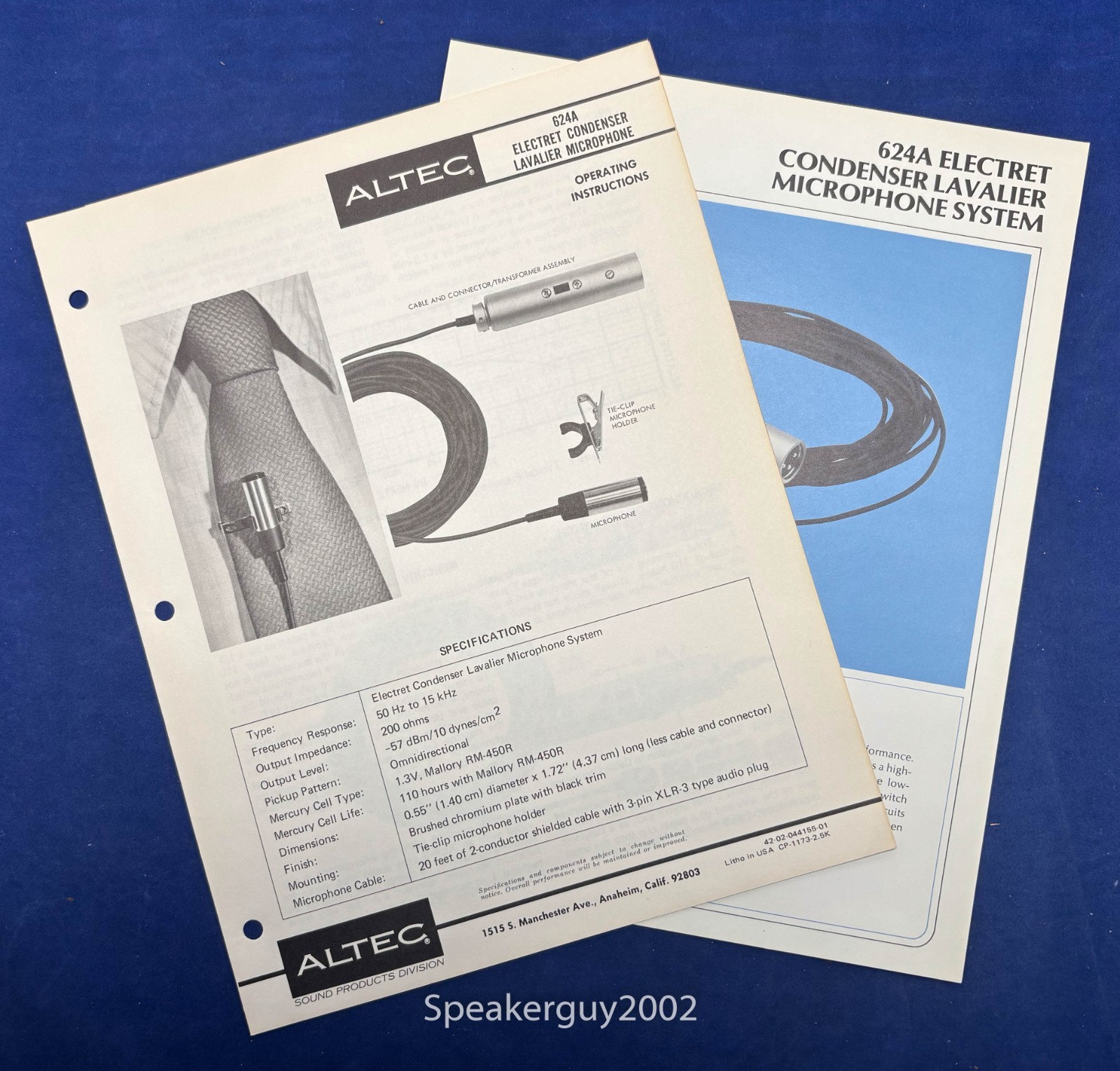 Vintage Altec Operating Instructions & Spec Sheet / 624A Microphone