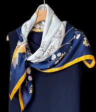 100% Silk 34“ large Square Scarf Women Shawl Wrap floral navy blue yellow MY171