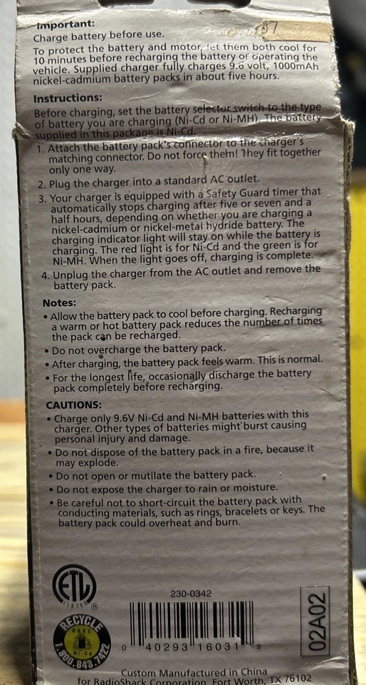 RadioShack 9.6V 1000mAh NiCd/NiMH RC Battery Pack & 5 Hr 12V Charger 23-342 - Image 3 of 3