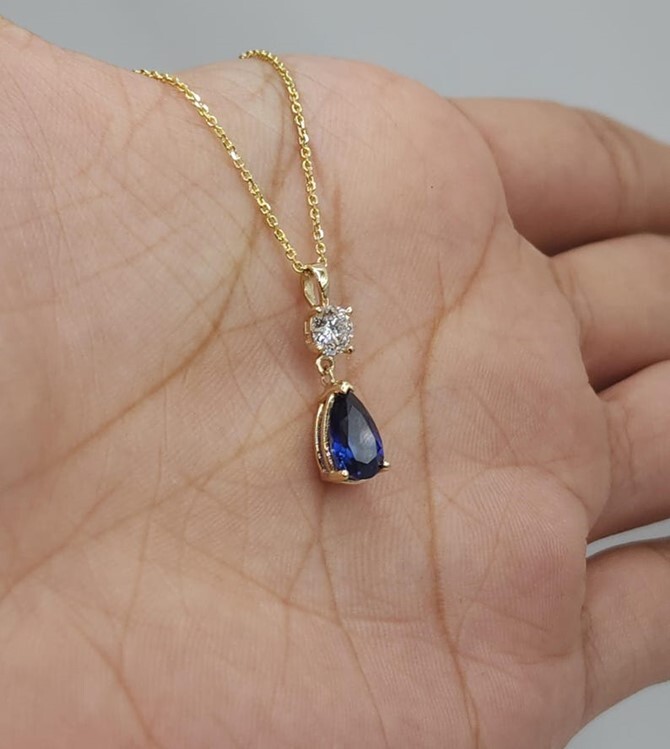 14Kt Gold Blue Sapphire Teardrop & Lab Grown Diamond Pendant eBay