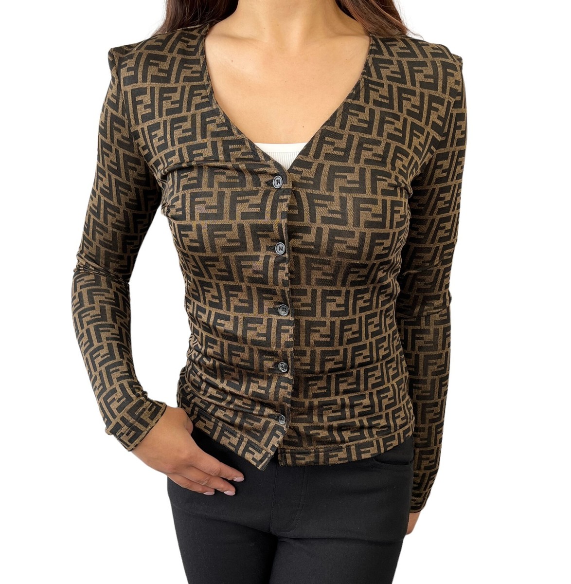 FENDI Vintage Zucca Monogram Logo Shirt Top #36 Button Brown Rayon Rank AB