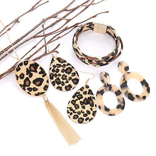 Leopard Necklace Earrings Wrap Bangle Bracelets for Women Leather Drop Style A - Bild 2 von 4