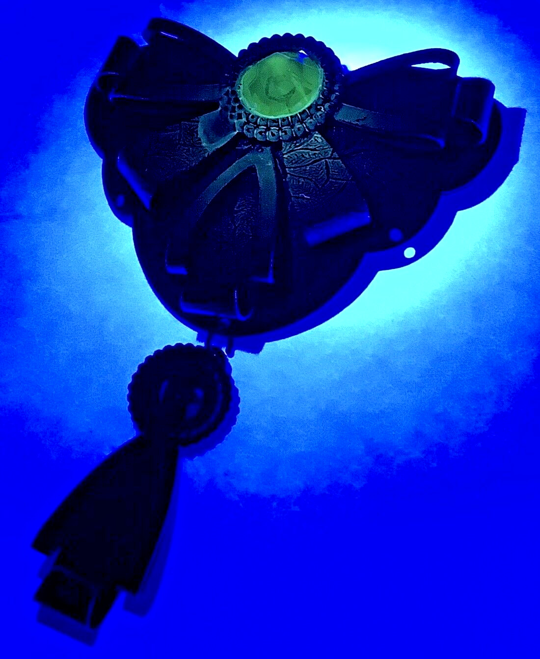 GLASS & BRASS Dangling Brooch Antique DECO Engraved Vaseline Stone Glows 3"