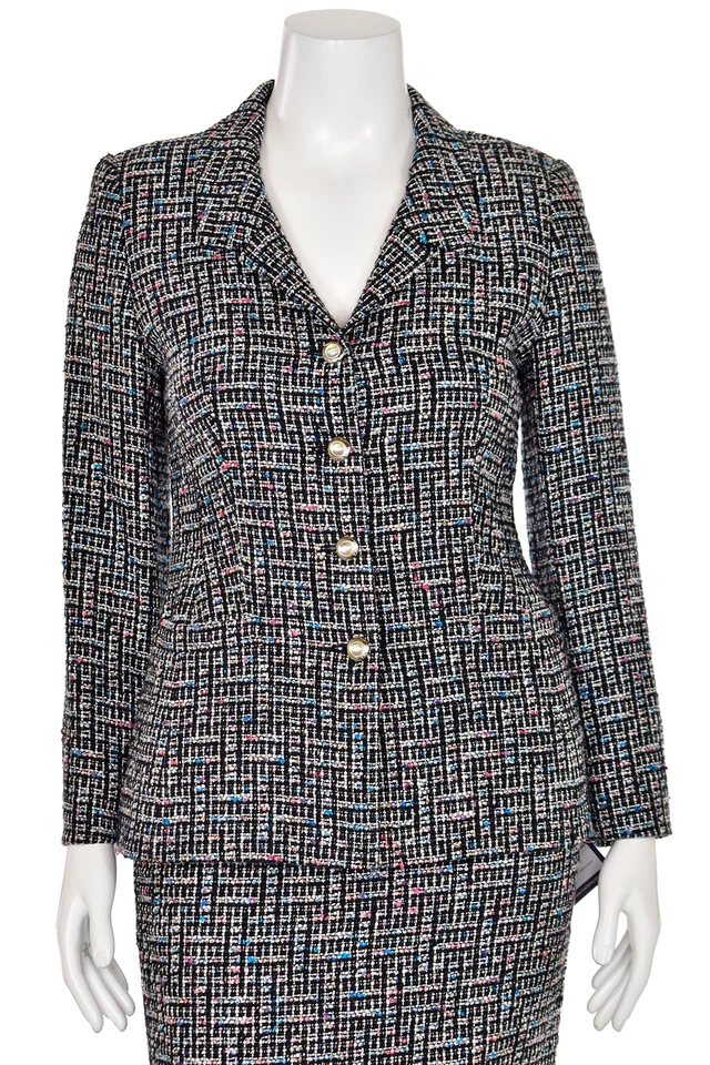 *¡BRILLANTE!* Traje Chaqueta y Falda Escada 2 Piezas en Negro/Blanco Multi Brillo talla 8 Foto 3 de 4