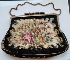 Vintage Austrian Small Needlepoint frame Purse black floral flowers roses chain