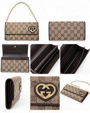 Gucci GG Canvas Heart Logo Long Wallet Brown Beige Leather Trim Authentic