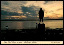 Captain Cook Statue at Sunset Anchorage Alaska Vintage Litho Postcard