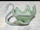Vintage Art Glass Swan Bowl Green Murano Style Hand Blown Mid Century Decor