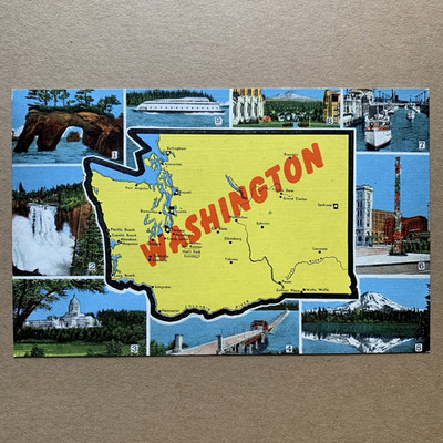 Washington WA State Map Multi View Capitol Mt Rainer Seattle Ferry Postcard