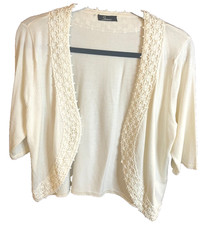 Strazzi Ladies Cream Knit Edge To Edge Cardigan 3/4 Sleeve Trim Detail Size UK M