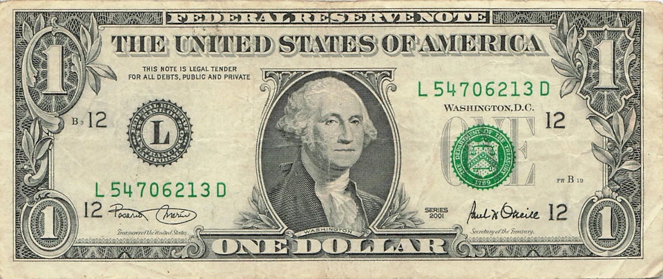 Complete Broken Ladder 0-7 Fancy Serial Number One Dollar Bill L54706213D 2001 - Image 3 of 3