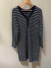 Talbots Navy Blue White Stripes V Neck Cotton Dress Large