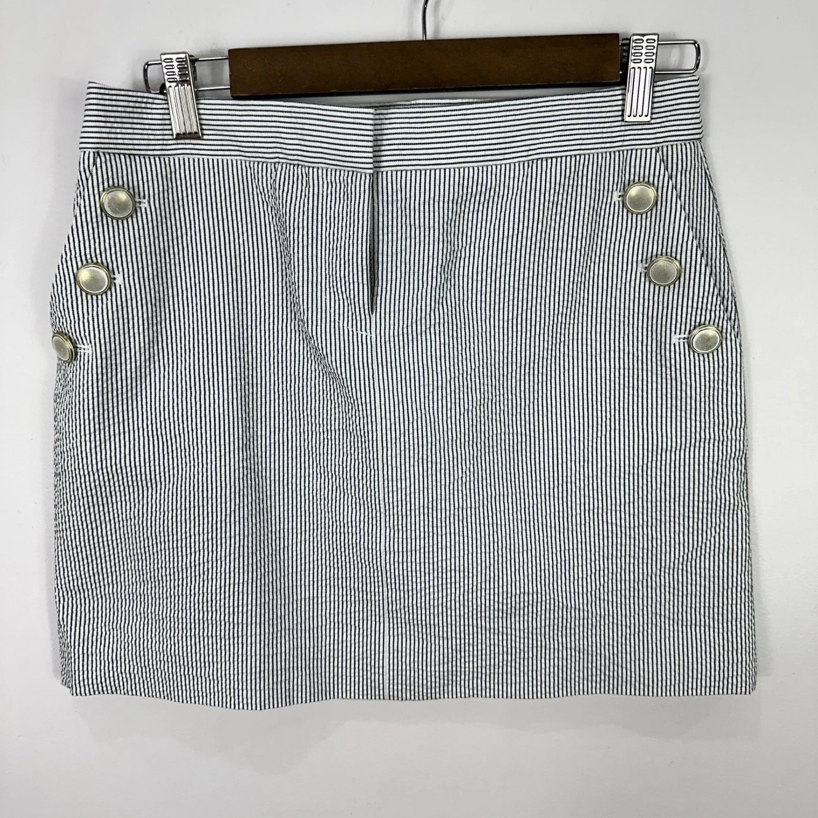 J.Crew Seersucker Skirt Womens 2 Navy Stripe Nautical Coastal Preppy Summer Chic