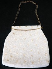 Vintage White and Gold Beaded Purse 9x9x1