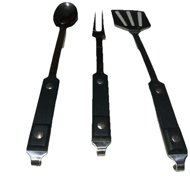 Midcentury Elegant Italian Kitchen Utensils Stnlss Stl Lng BlckHandles HnhngHook