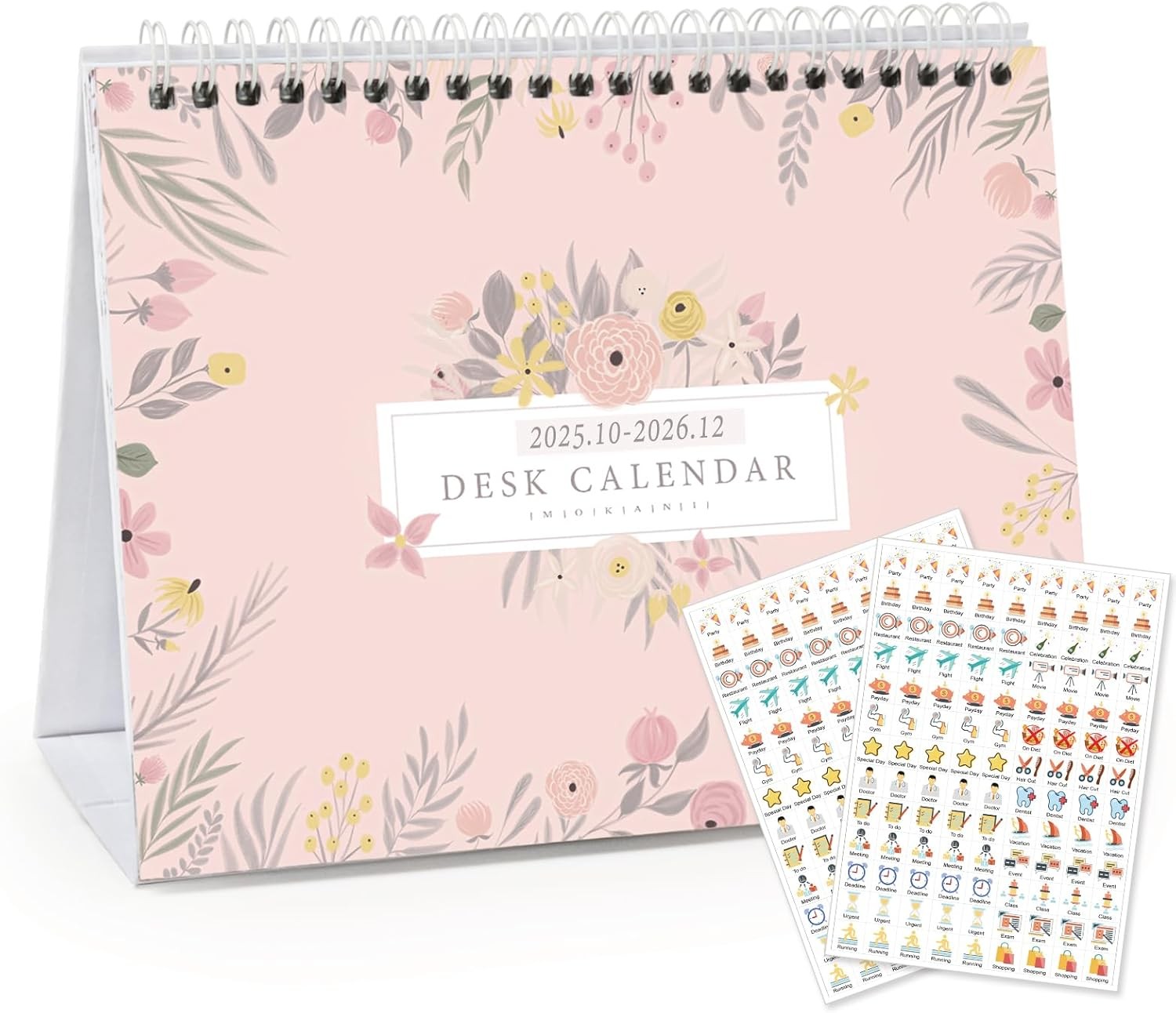 Small Desk Calendar 2025-2026, Mokani Standing Desktop 8x6 inch, Pink