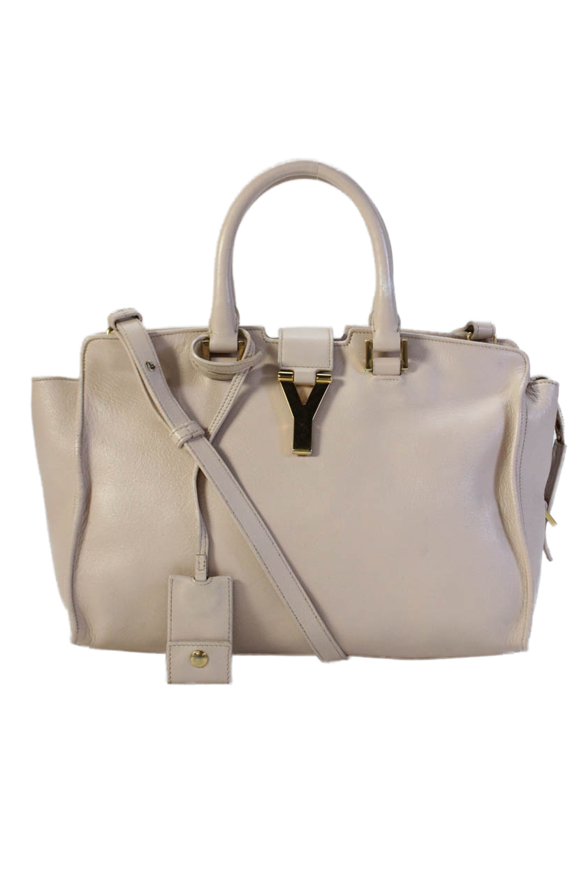 Borsa a mano Saint Laurent donna piccola pelle logo cabas 2 vie tracolla beige