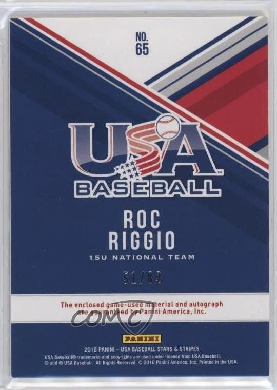 2018 Panini USA Baseball Stars & Stripes Black Gold Jerseys /89 Roc Riggio Auto - Image 2 of 2