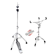 GRIFFIN 2-PACK Snare Stand & Hi-Hat Pedal | Drum Hardware Pull Chain Chrome Set