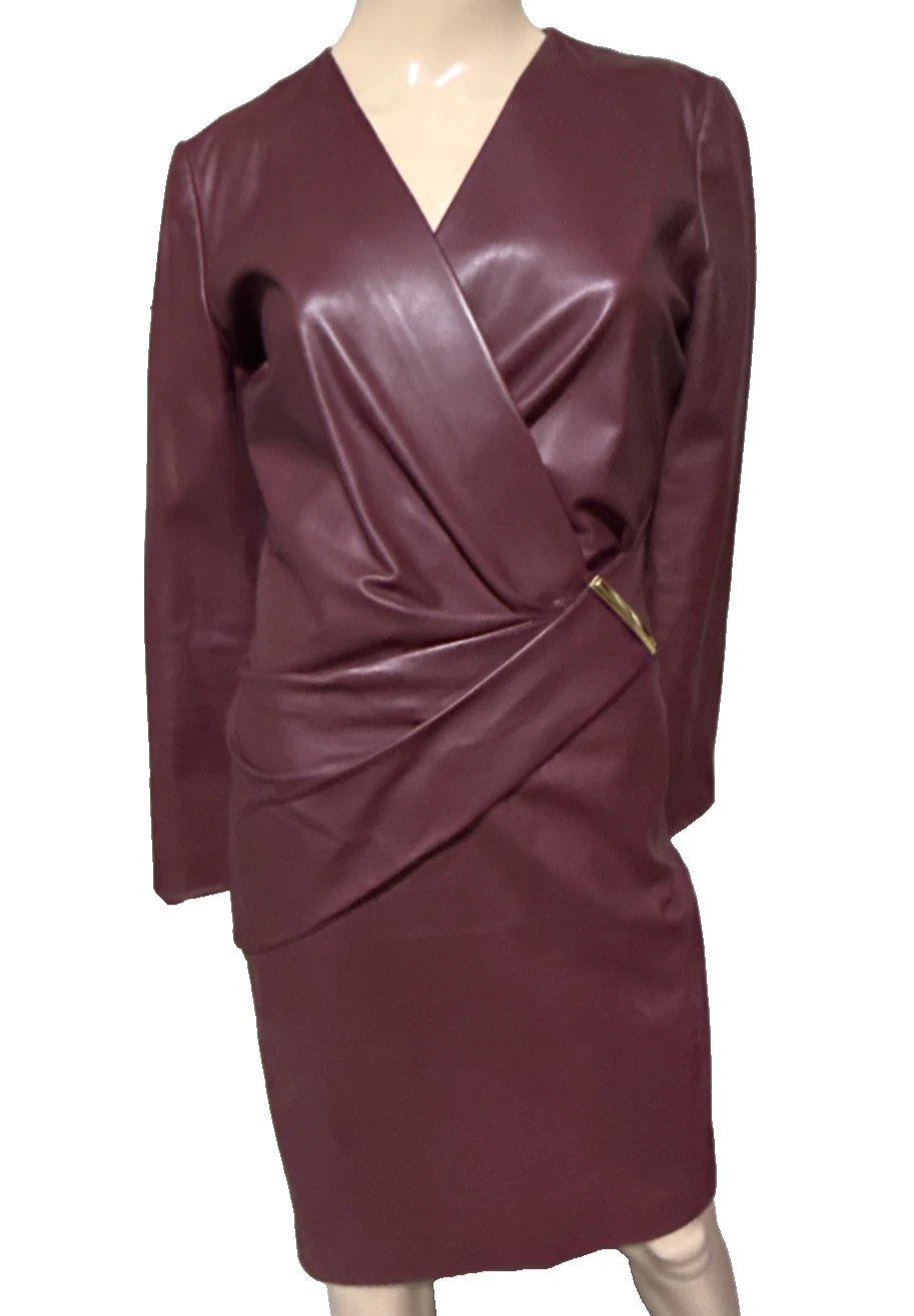 Ferragamo — Salvatore Ferragamo Leather Burgundy Red Gathered Wrap Dress US 0 2 / IT 38