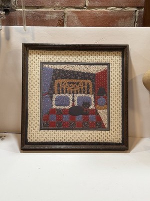 Framed Quilted Square Black Cat On Bed Kitschy Folk Art Cats Patchwork