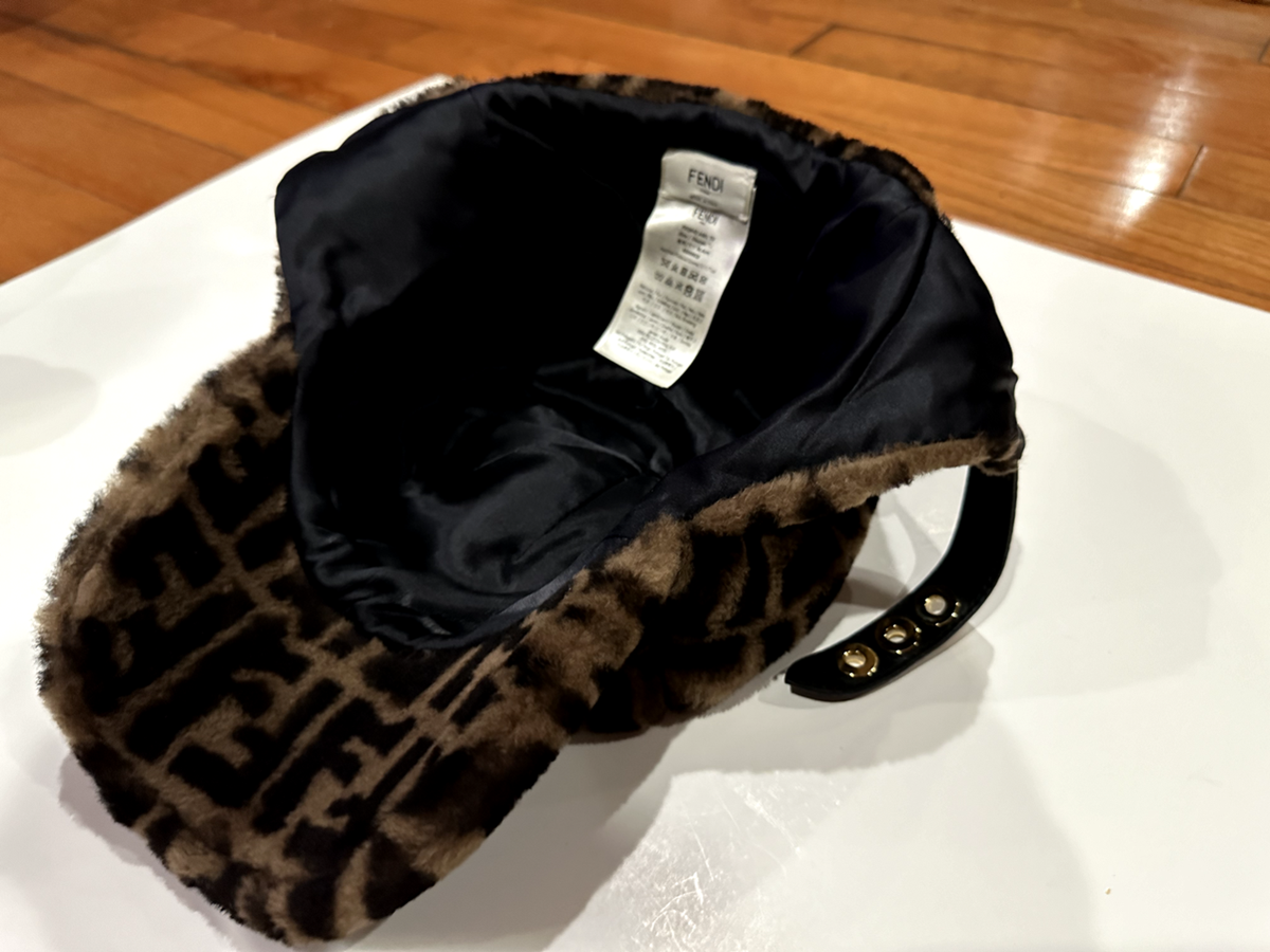 FENDI Women's Shearling Zucca Hat with Visor Tobacco Brown Size